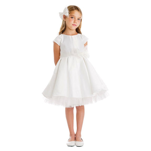 Sweet Kids Big Girls Off-White Full Pleated Satin Junior Bridesmaid Dress 7-12 - SophiasStyle.com
